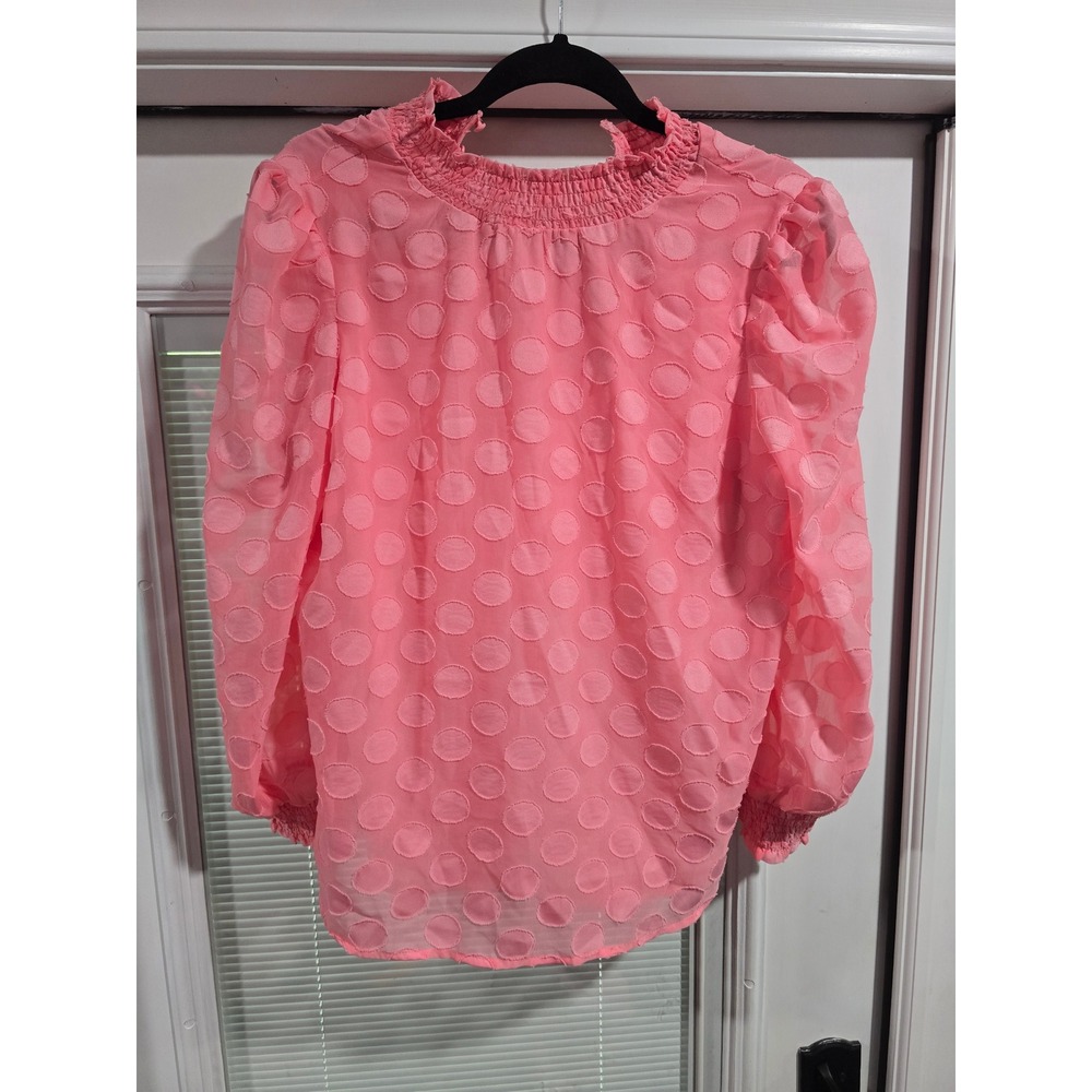BYde Pink Polka Dot Smocked Neck Puff Sleeve Blouse Small RN92054